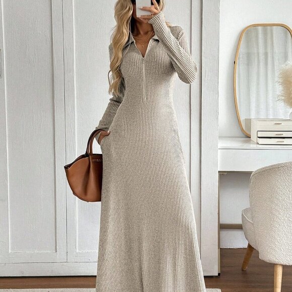 Dusty Pink Casual Women's Thermal Loose Maxi Zip Dress - Picture 6 of 6